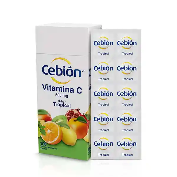 Cebión tabletas Masticables de Vitamina C sabor Tropical por 100 unidades