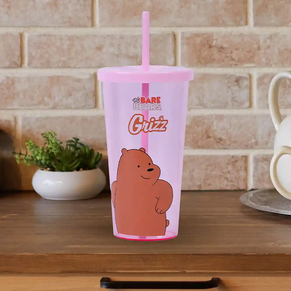 Vaso de Plástico we Bare Bears Con Pitillo Grizzly Rosa Miniso