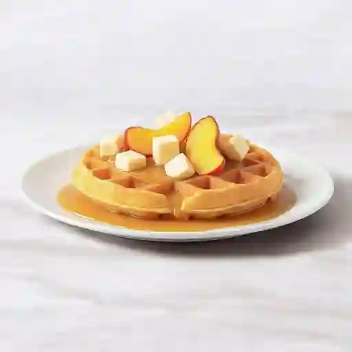 Waffle arequipe, melocoton y queso