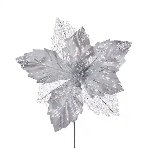 Flor Artificial Poinsettia Básica M Silver Navidad 2024