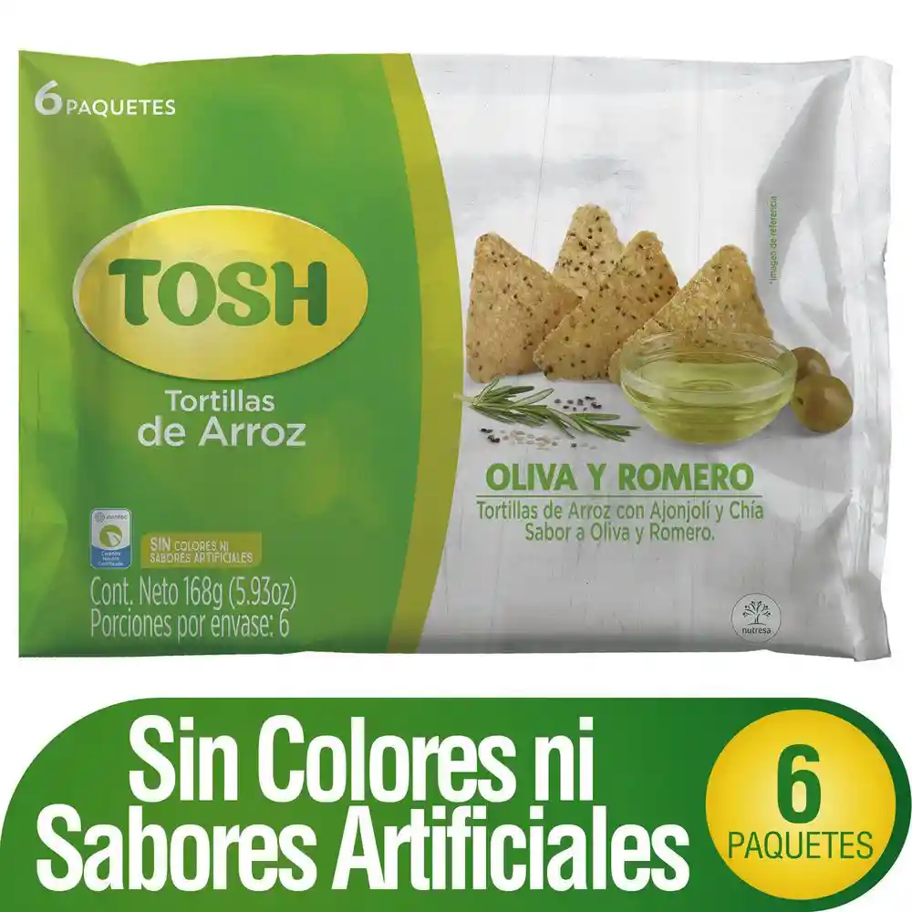 Tosh Tortillas de Arroz Sabor a Oliva y Romero con Ajonjolí y Chía