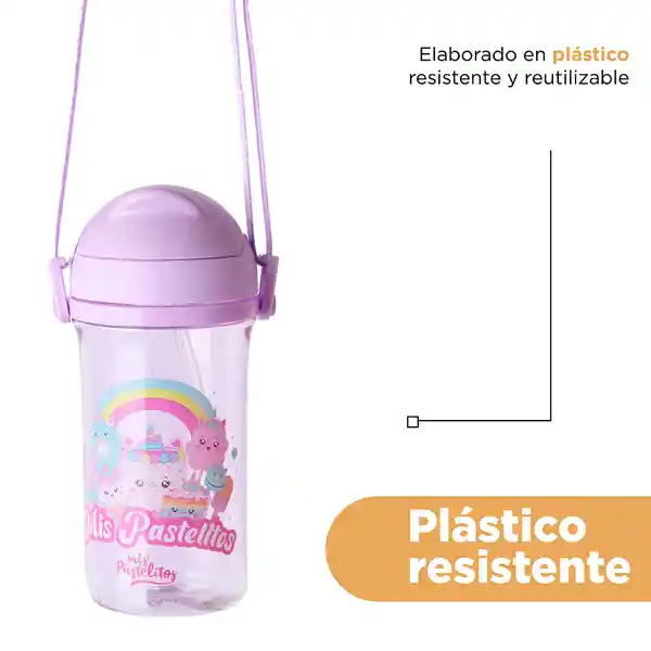 Botella Plástico Con Pitillo Serie Mis Pastelitos Morada Miniso