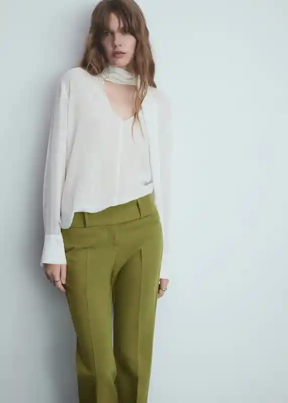 Pantalón Checky Verde Talla 32 Mujer Mango