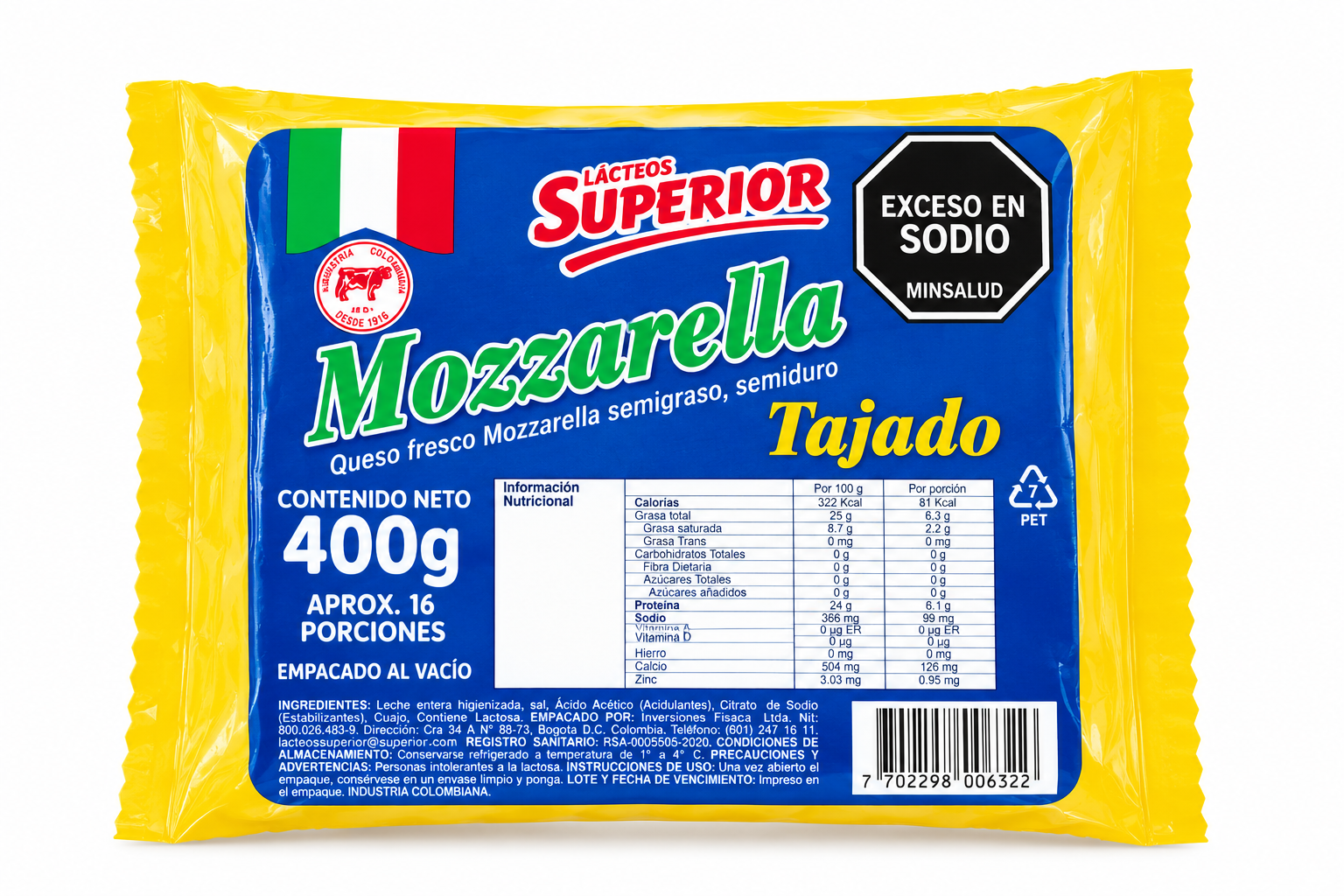 Superior Queso Lácteos Mozarella Tajado 400 g