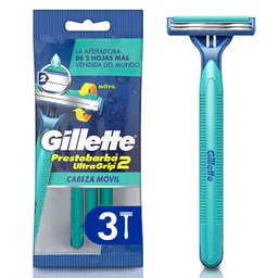 GILLETTE Prestobarba Ultragrip2 Cuchilla de Afeitar Desechable 3 Cuchillas para Hombre con 2 Hojas y Cabeza Móvil para Rasurar