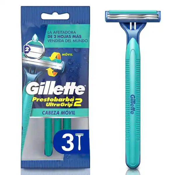 GILLETTE Prestobarba Ultragrip2 Cuchilla de Afeitar Desechable 3 Cuchillas para Hombre con 2 Hojas y Cabeza Móvil para Rasurar