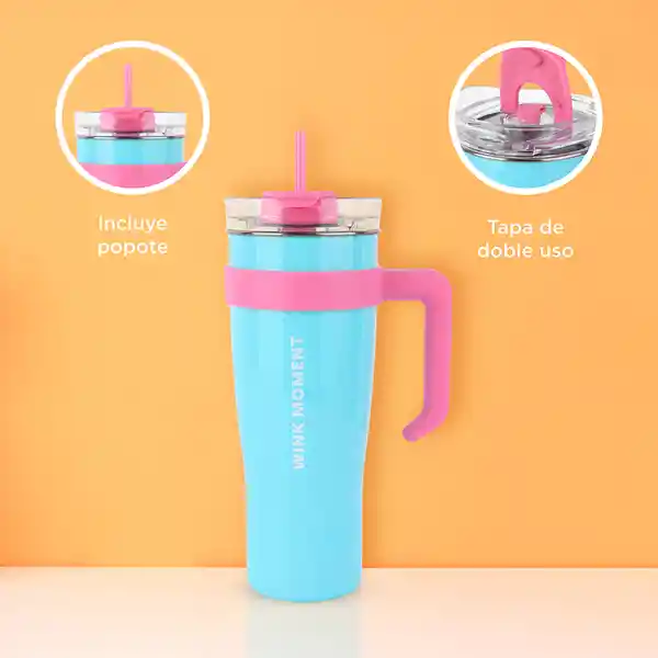 Vaso de Acero Con Pitillo Menta y Rosa 1600 mL Miniso