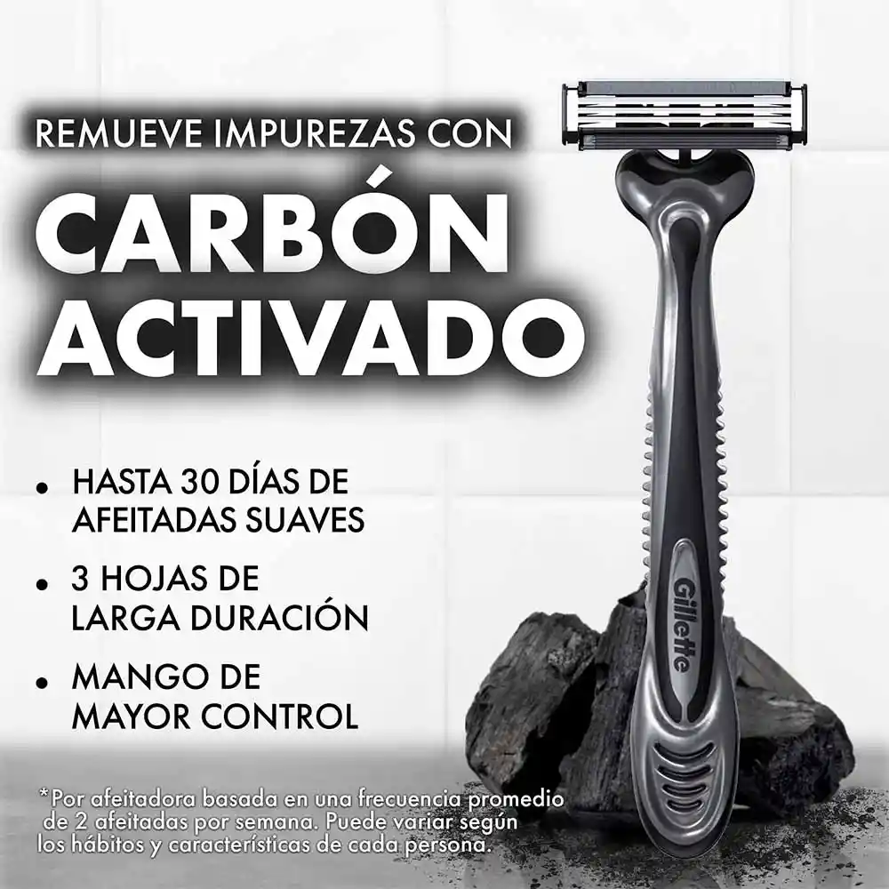 Gillette Prestobarba 3 Carbono Cuchillas de Afeitar con Carbón 2 Uds