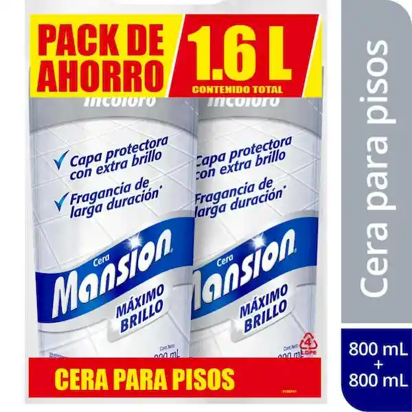 Mansión Cera Para Pisos Máximo Brillo Todo Color x 2