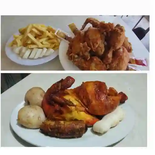 Medio pollo asado, medio broaster