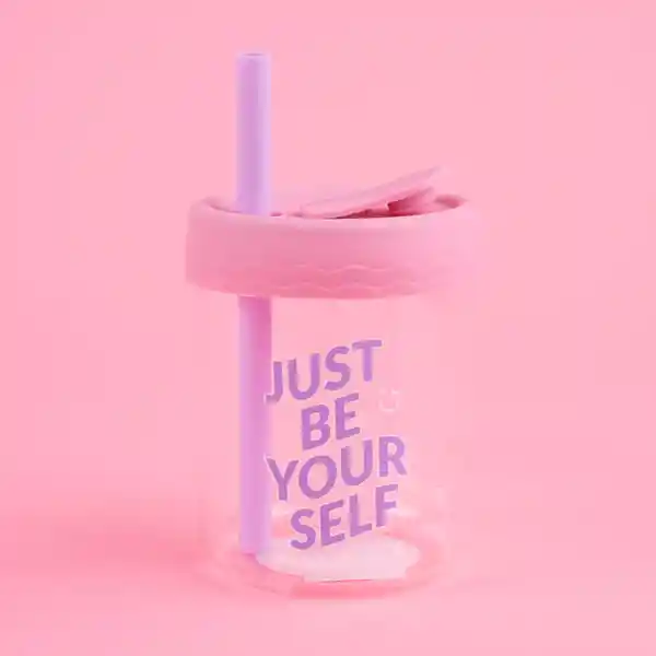 Vaso de Vidrio de Con Tapa de Silicona Rosa Miniso