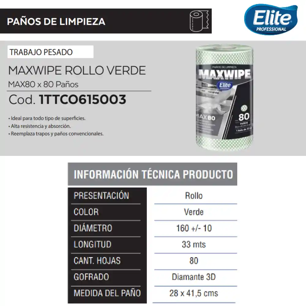 Maxwipe Elite Paños De Limpieza Rollo Verde