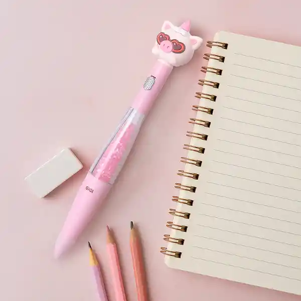 Esfero Con Brillos Tinta Azul Gigi Pig Mini Family Rosa Miniso