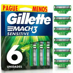 GILLETTE Mach 3 Sensitive Repuestos para Cuchilla de afeitar con 3 Hojas 6 Repuestos Máquina de Afeitar para Barba Afeitadora para Hombre con Piel Sensible