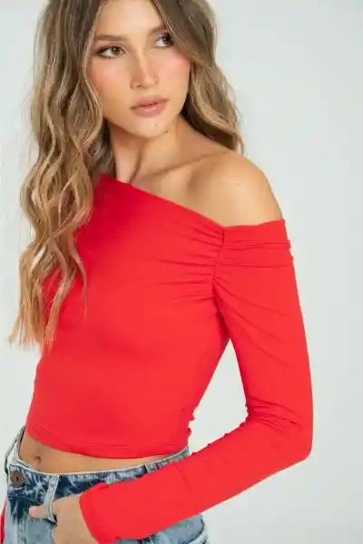 Top Asimétrico Manga Larga Color Rojo Medio Talla S Ragged