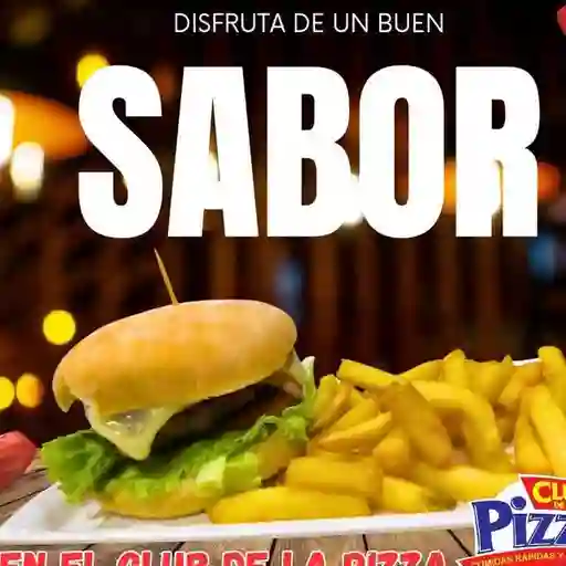 Hamburgueza de pollo con papas y bebida