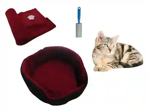 Hally Pets Set Gato Cama + Cobija + Quitamotas Vinotinto OT0011