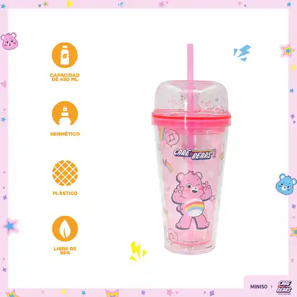 Vaso Plástico de Doble Pared Con Pitillo Rosa Miniso