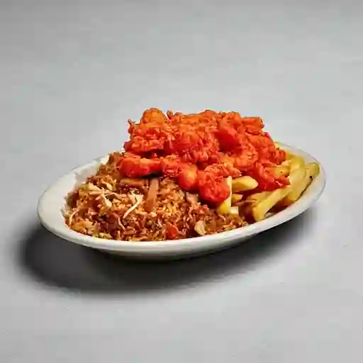 Chau Fan con Papas y Camarones Apanados
