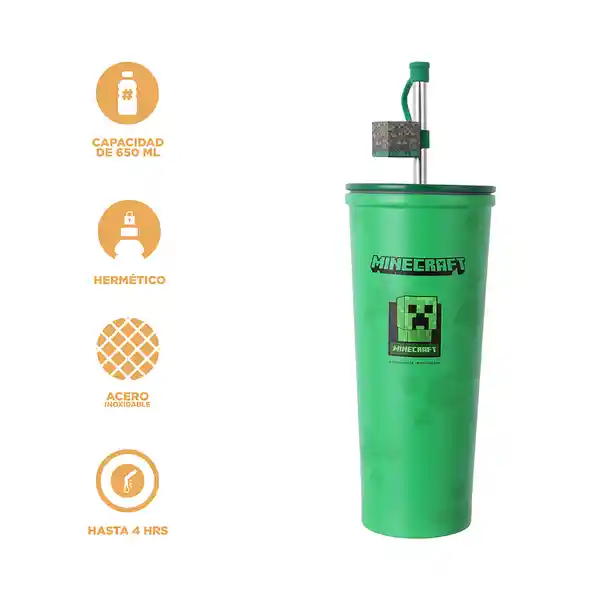 Vaso Acero Doble Pared Pitillo Creeper Minecraft Verde Miniso
