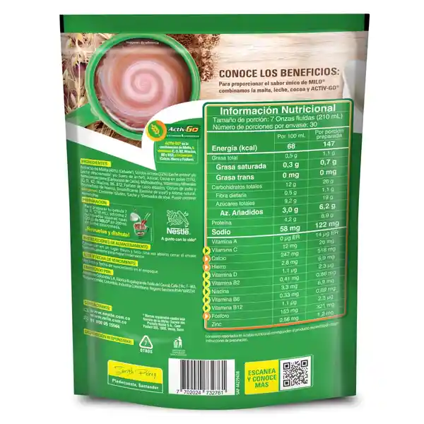 Modificador de leche MILO a base de malta y cocoa x 600g