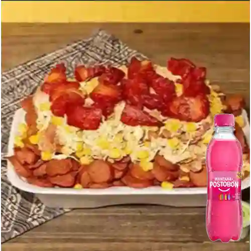 Salchipapa Gratinada + Perro Gratinado + Postobón Manzana 250ml