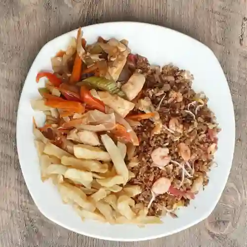 Arroz y Chop Suey con Papa a la Francesa
