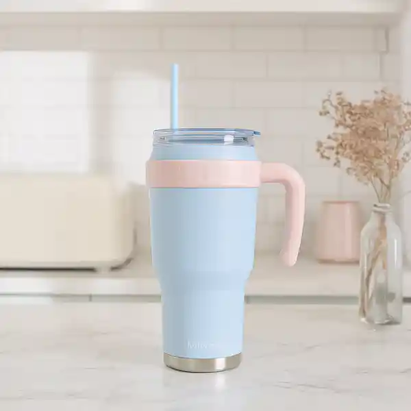 Vaso de Doble Pared Con Pitillo y Asa Azul 1240 mL Miniso