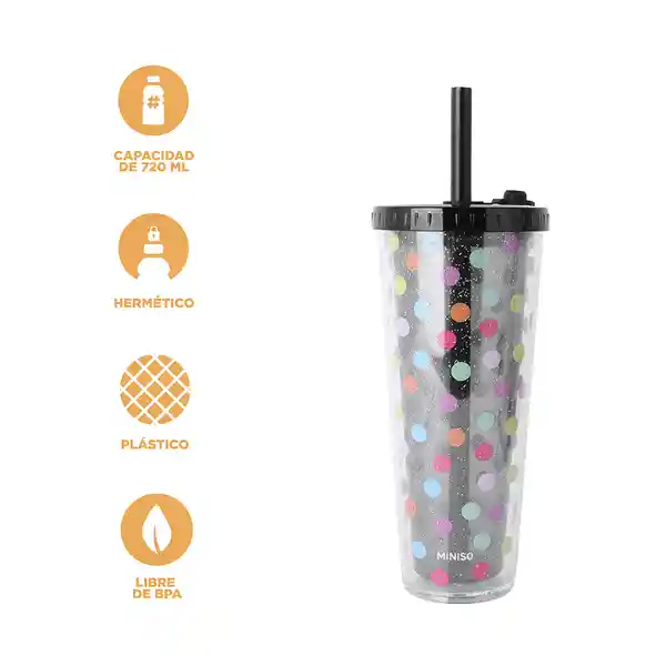 Vaso Plástico Doble Pared Con Pitillo Dots Negro 720 mL Miniso