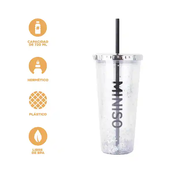 Vaso Plástico Con Pitillo Serie Silver Grey Miniso