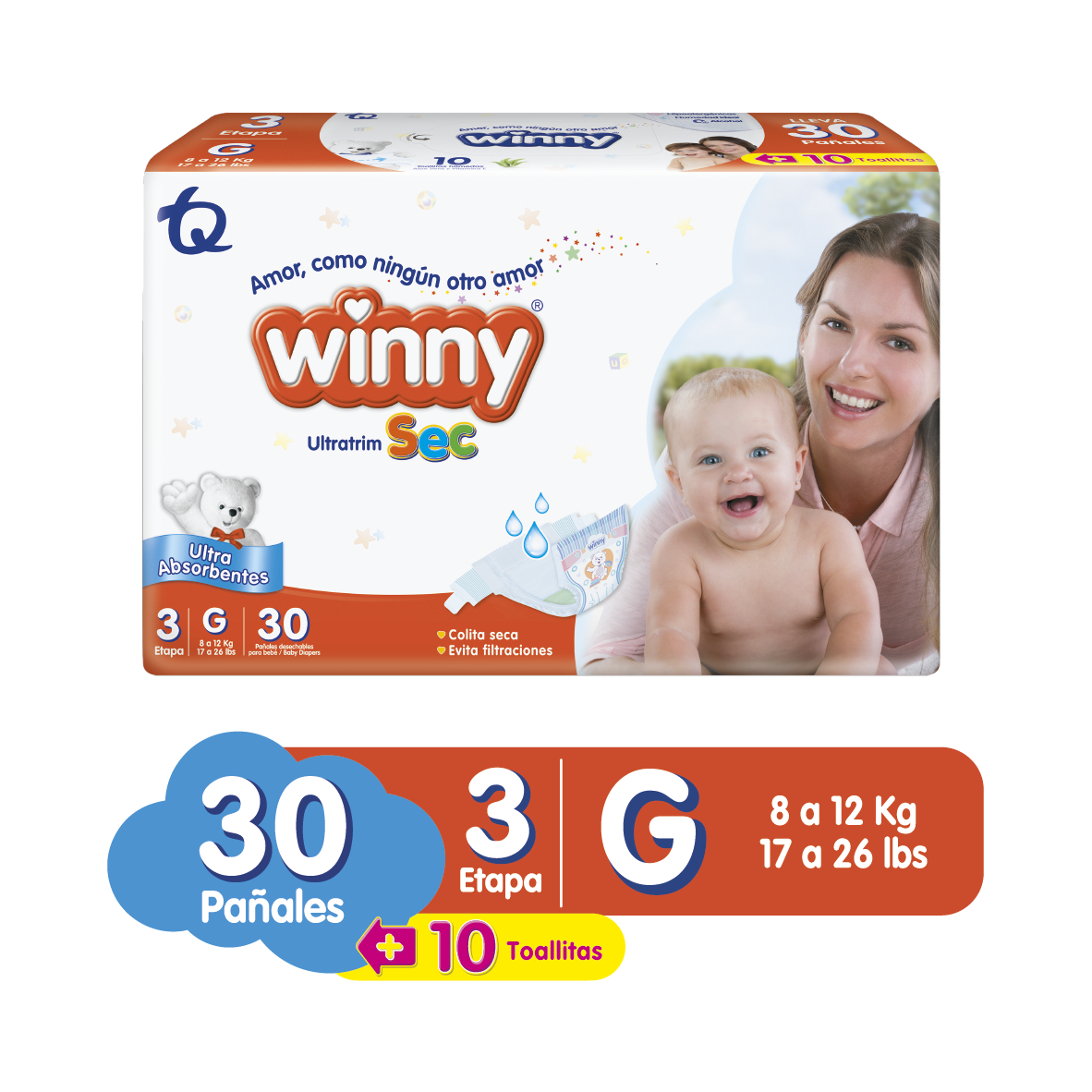 Winny Pañales Ultratrim Sec Etapa 3 x30 + Toallitas Húmedas 30 und