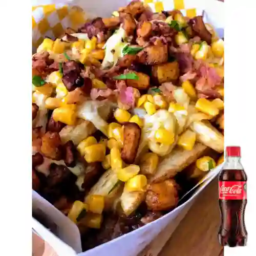 Salchipapa Carne Posta Negra Personal +Cocacola 500ml
