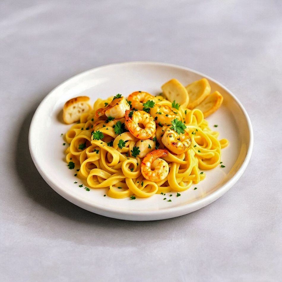 Pastas con pollo y camarones