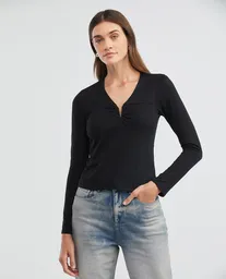 Camiseta V Neck Longsleev Negro Sombrío Ultraoscuro Talla S Mujer Chevignon