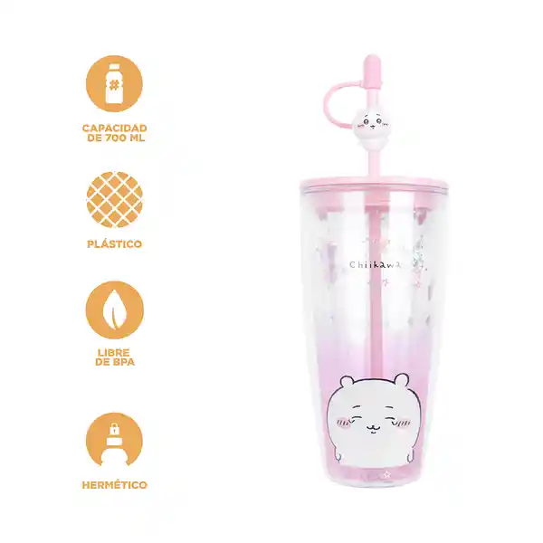 Vaso Con Doble Pared y Pitillo Chikawa Rosa 700 mL Miniso