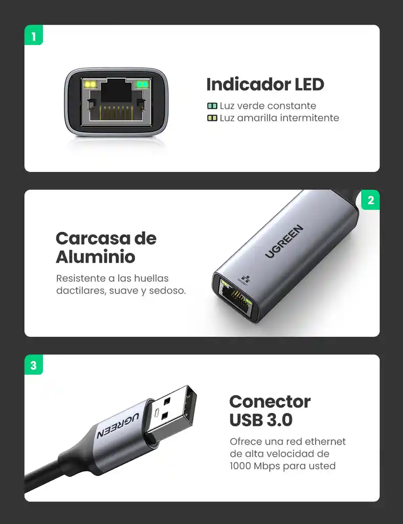 Tarjeta De Red Usb 3.0 Alumini Gigabit Ethernet Ugreen 50922