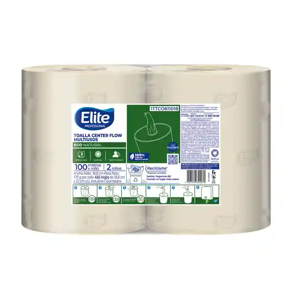 Elite Toalla Doble Hoja Center Flow Natural Multiusos