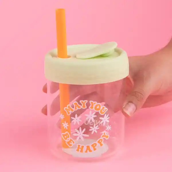 Vaso de Vidrio de Con Tapa de Silicona Verde Miniso