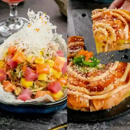 Ensalada Bushido + Sushi Pizza
