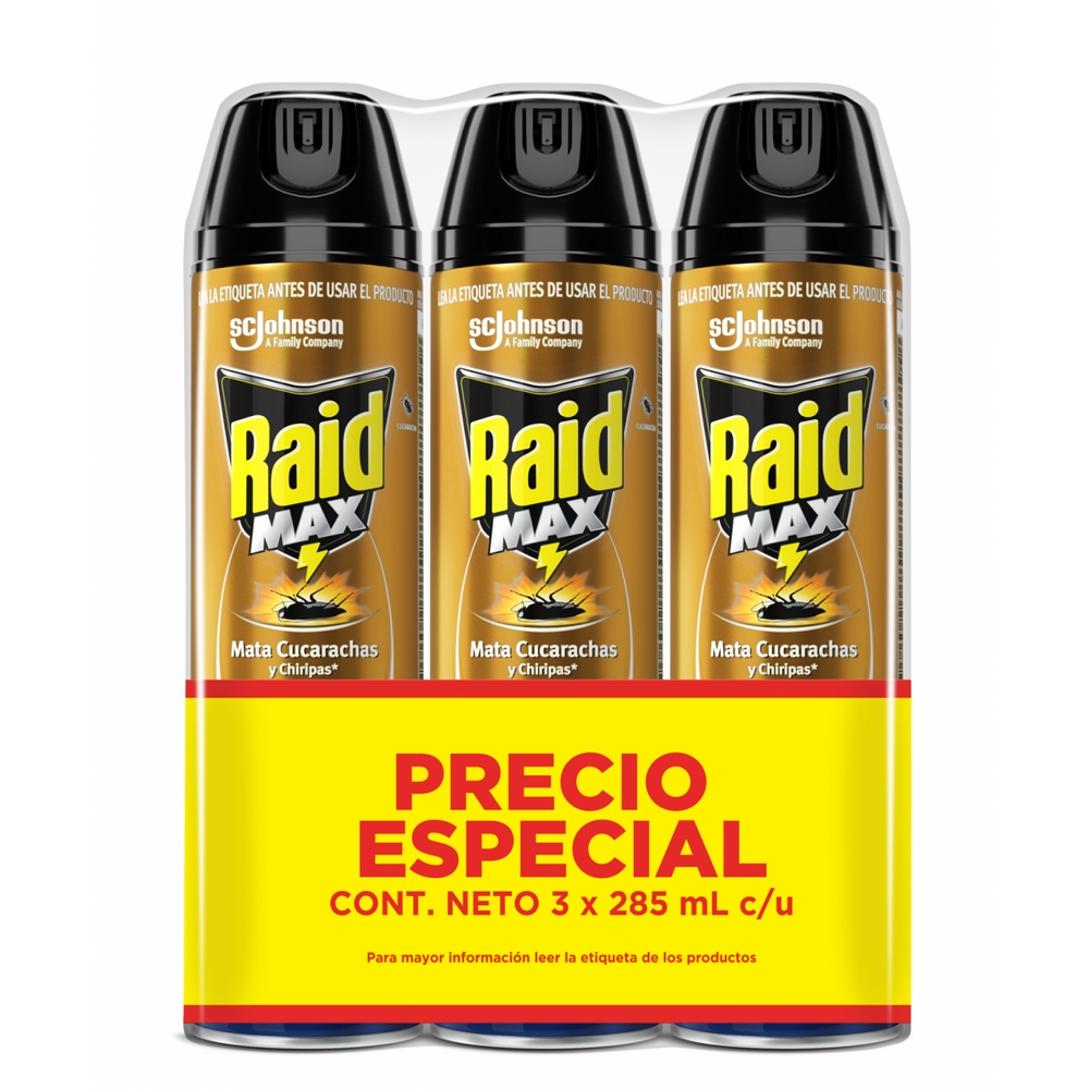 Raid Max Insecticida en Aerosol Mata Cucarachas y Chiripas 3 x 285 ml