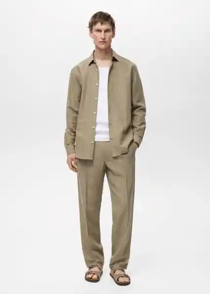 Camisa Rug Khaki Talla M Hombre Mango