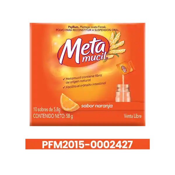 Metamucil Fibra Natural Psyllium ayuda a la regularización intestinal sabor Naranja 10 Unidades