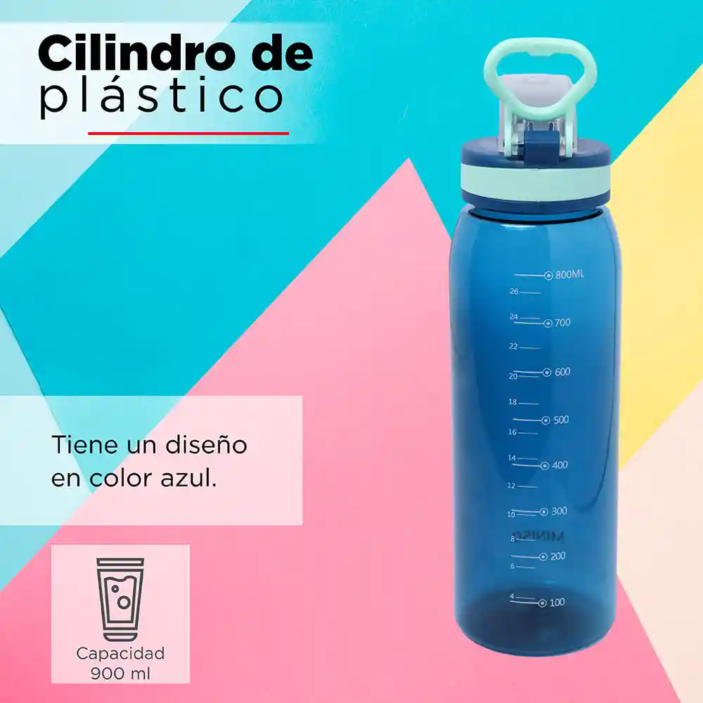 Miniso Botella de Plástico Para Deportes Con Asa Azul 900 mL