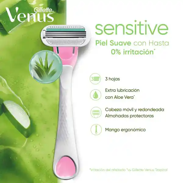 GILLETTE Venus Sensitive Cuchilla de Afeitar Mujer Aloe Máquina de Afeitar Depilación Corporal para Piel Sensible 2 Uds