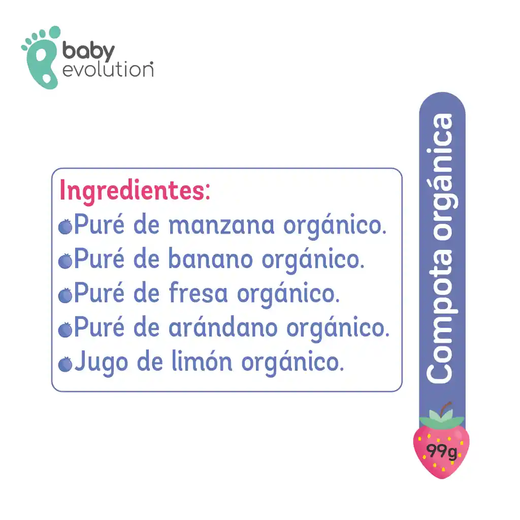 Baby Evolution Compota Orgánica  Manzana Banano Fresa. 0g de azúcar añadido.