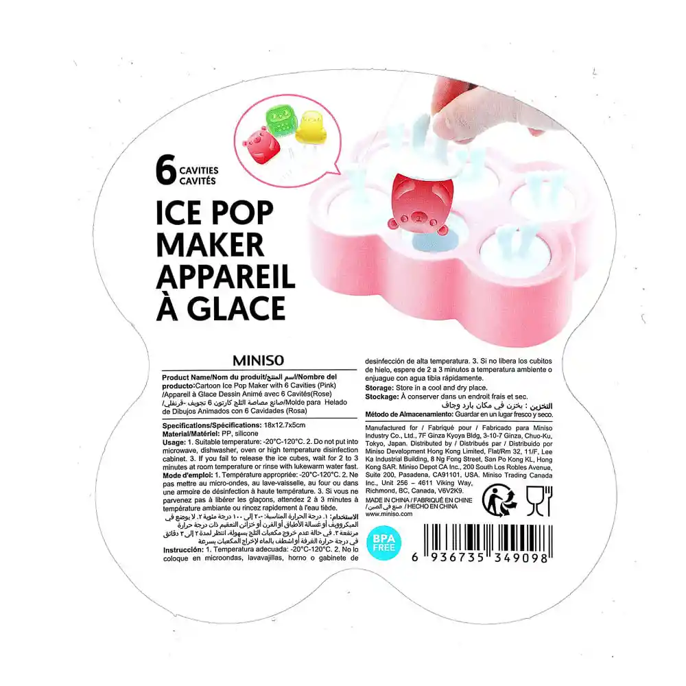 Miniso Molde Para Cubos de Hielo Con 6 Espacios Rosa