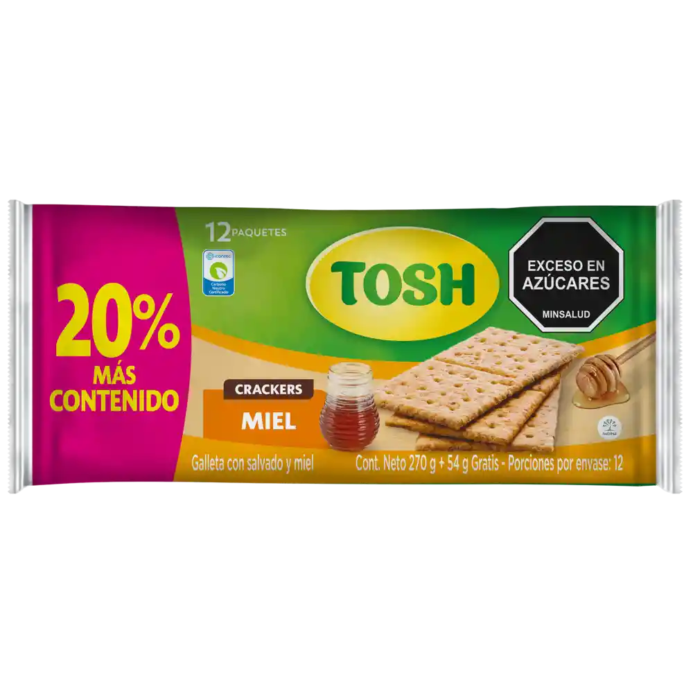 Galleta Tosh miel x270 gramos + 54 gramos gratis, x 12 paquetes