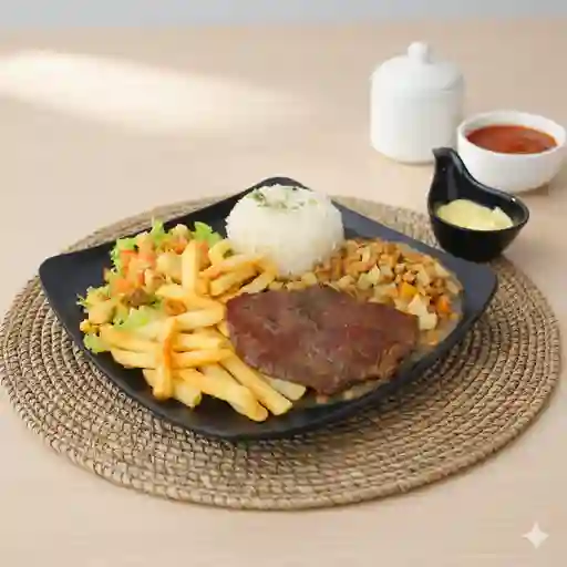 Almuerzo lenteja carne asada