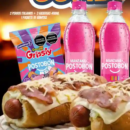 Combo 2perros italiano 2gaseosas + 1goma