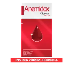 Anemidox tratamiento para la deficiencia de Hierro con Fumarato Ferroso Ácido Fólico y Vitamina C 30 Cápsulas